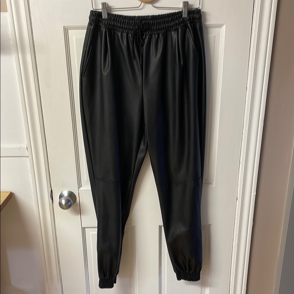 Streetwear Society black faux leather pants casual joggers women’s size XL